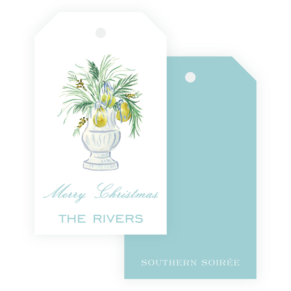Personalized Christmas gift tag with watercolor pear and evergreen urn