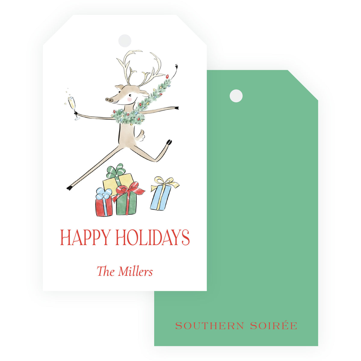 Reindeer Revelry 2.375 x 4 vertical personalized Christmas gift tag with watercolor reindeer, gifts and pre-punched hole