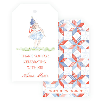 Sweet Liberty Girl Walking with Flag Gift Tag Vertical [2.375x4]