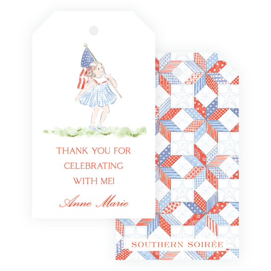 Sweet Liberty Girl Walking with Flag Gift Tag Vertical [2.375x4]