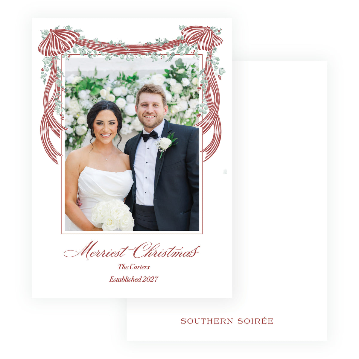Yuletide Swans Christmas photo card with red striped bows and watercolor greenery