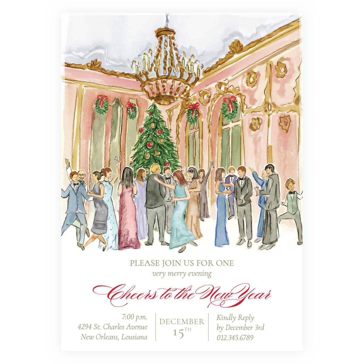 A New Year's Eve invitation card featuring a watercolor illustration of a festive ballroom scene with people dancing around a decorated Christmas tree. The bottom portion has black and red text inviting guests to a holiday evening.