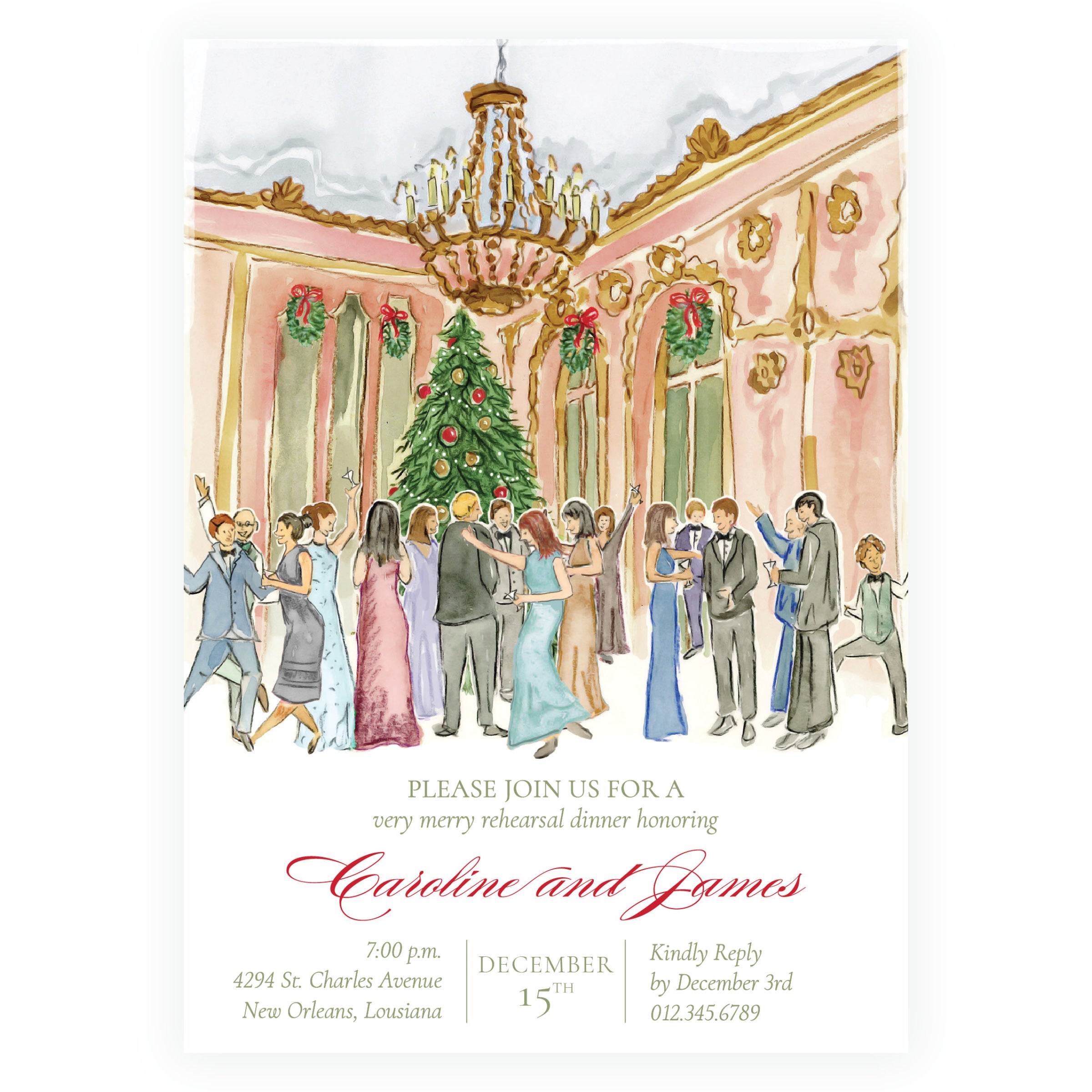 December wedding rehearsal dinner invitation with elegant Christmas watercolor scene and coordinating back