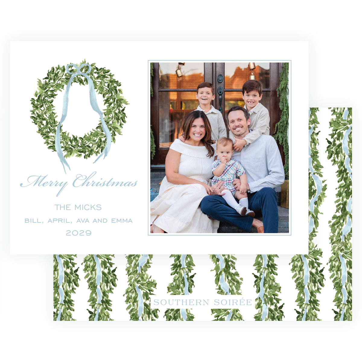 Blue wreath personalized Christmas photo card with watercolor evergreen