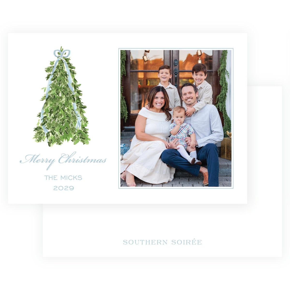 Decked in Garland – Blue Christmas Tree Landscape Personalized Christmas Photo Card
