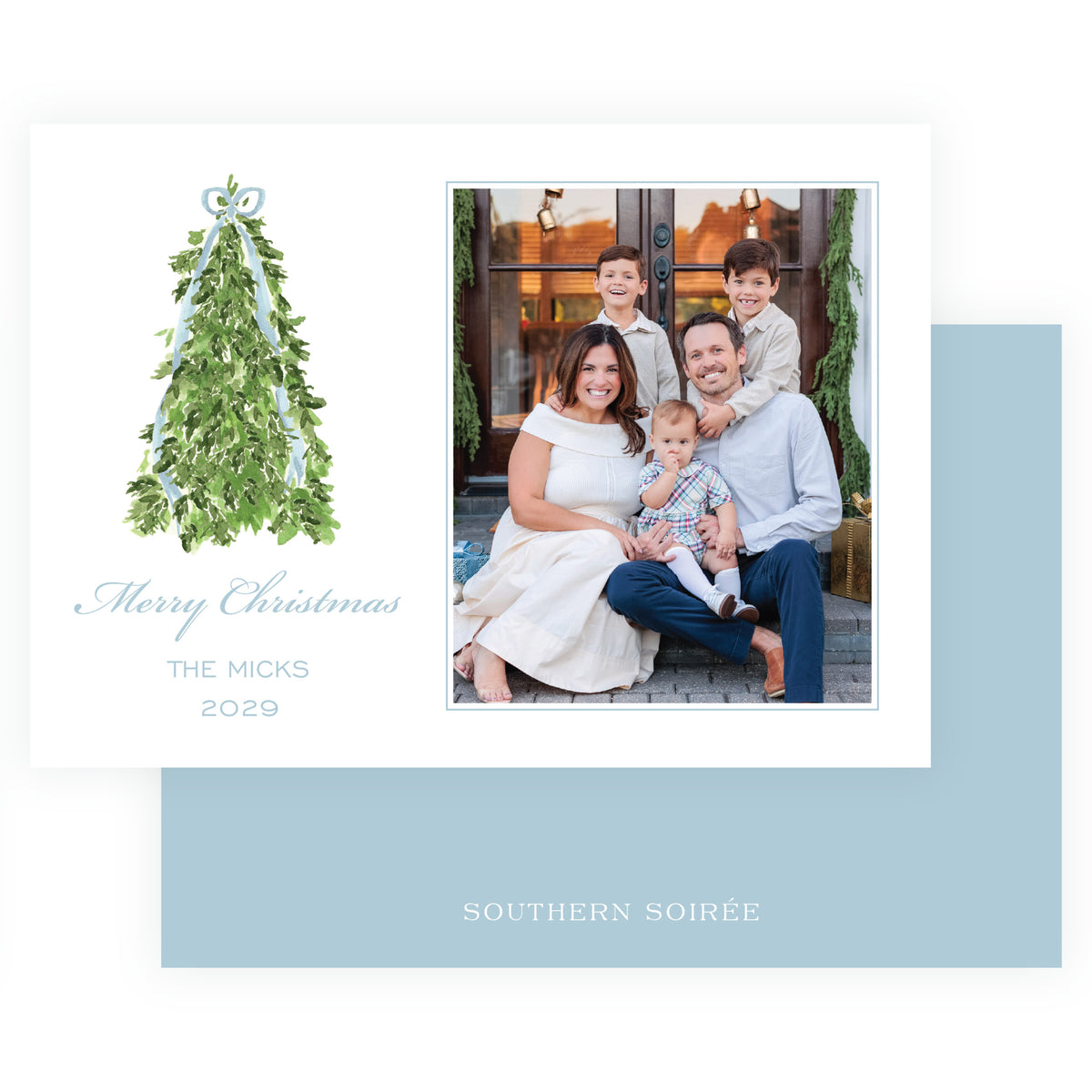 Decked in Garland – Blue Christmas Tree Landscape Personalized Christmas Photo Card