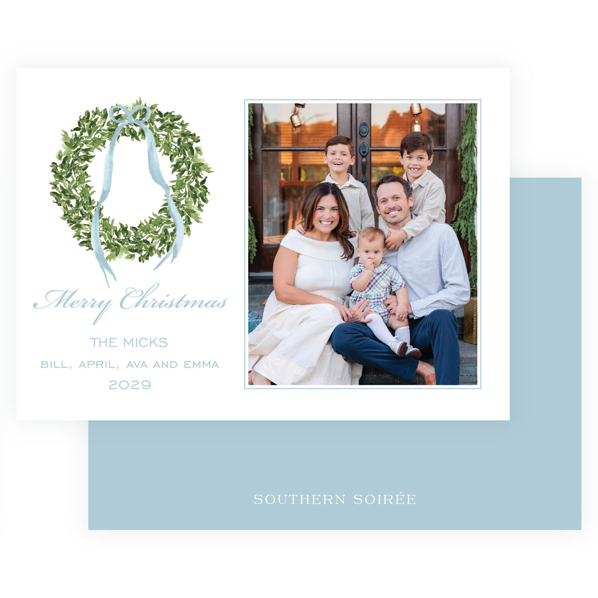 Decked in Garland – Blue Wreath Landscape Personalized Christmas Photo Card