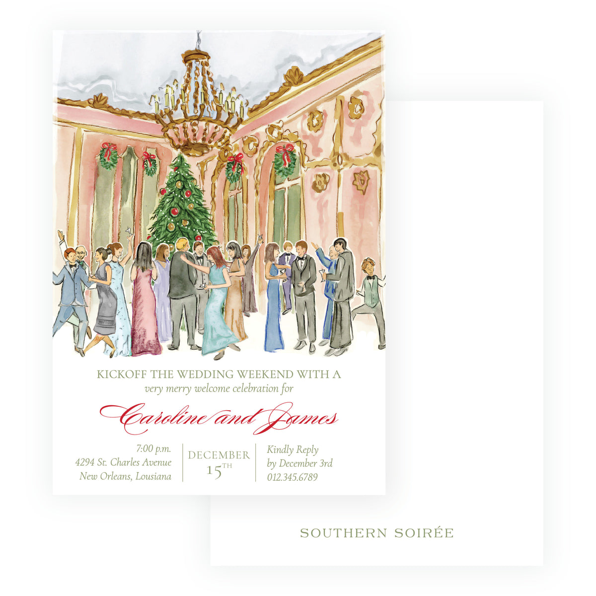 A welcome party invitation card with a watercolor illustration of a festive ballroom scene.  The invitation features pink and gold architectural details, a Christmas tree and people dining and dancing.