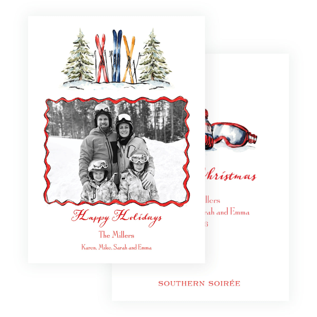 Ski family Christmas card with watercolor winter artwork and personalized holiday greeting