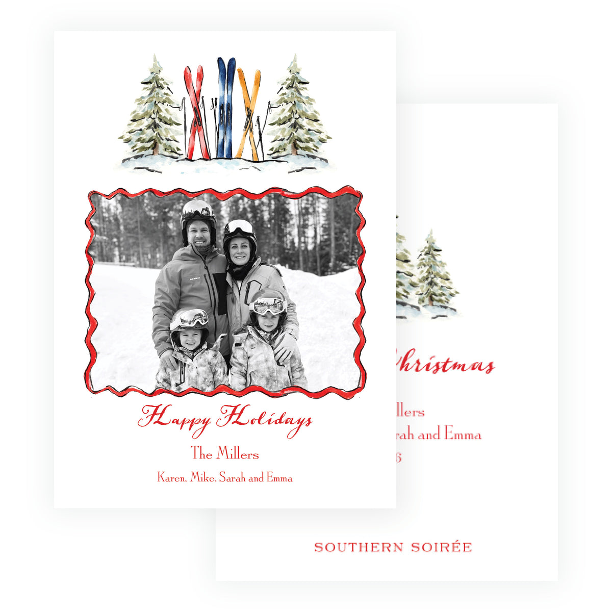 Watercolor ski holiday photo card with evergreen trees and red scalloped photo frame