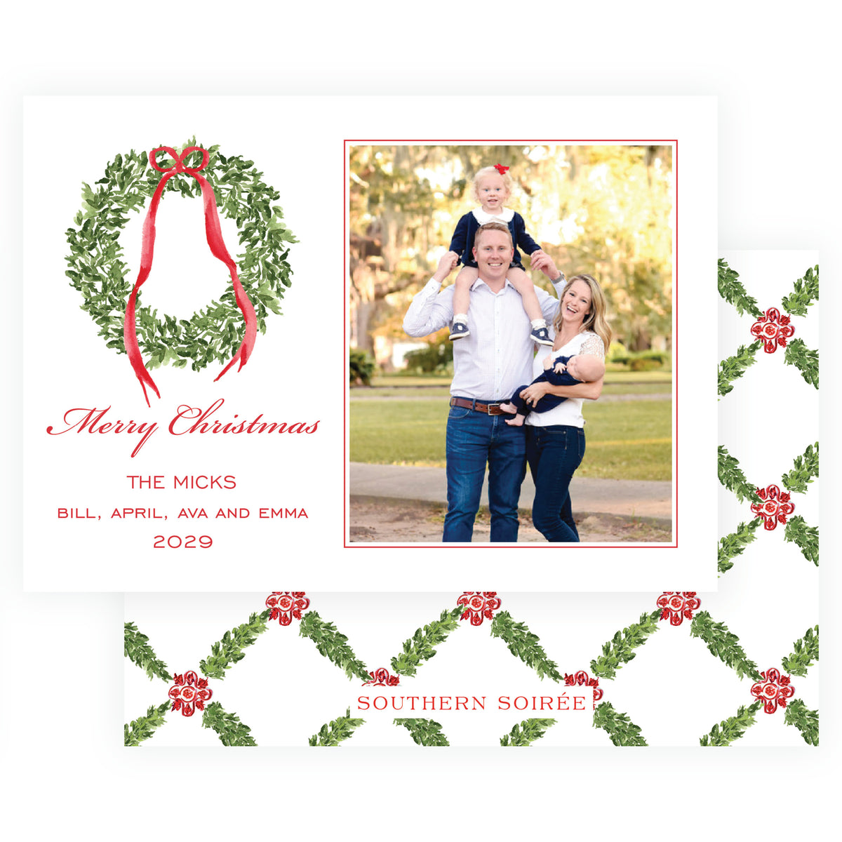 Red wreath personalized Christmas photo card with watercolor evergreen