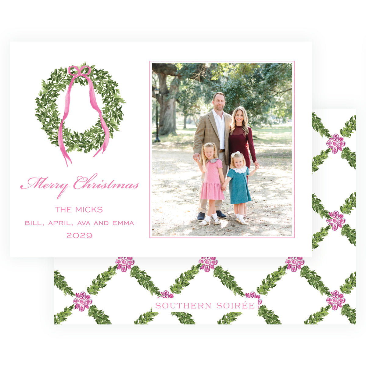 Pink wreath personalized Christmas photo card with watercolor evergreen