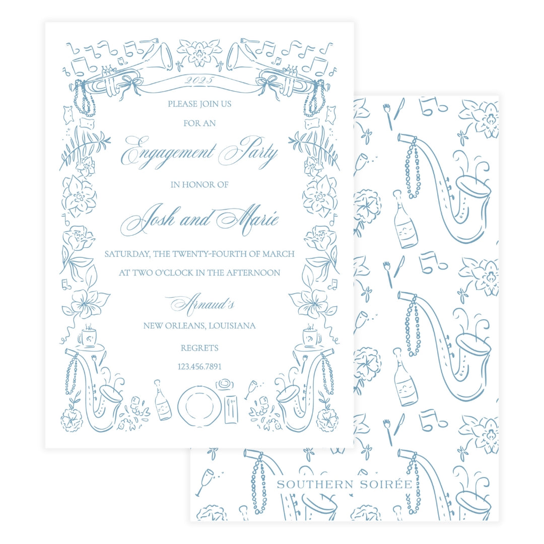 Personalized blue New Orleans jazz brunch invitation