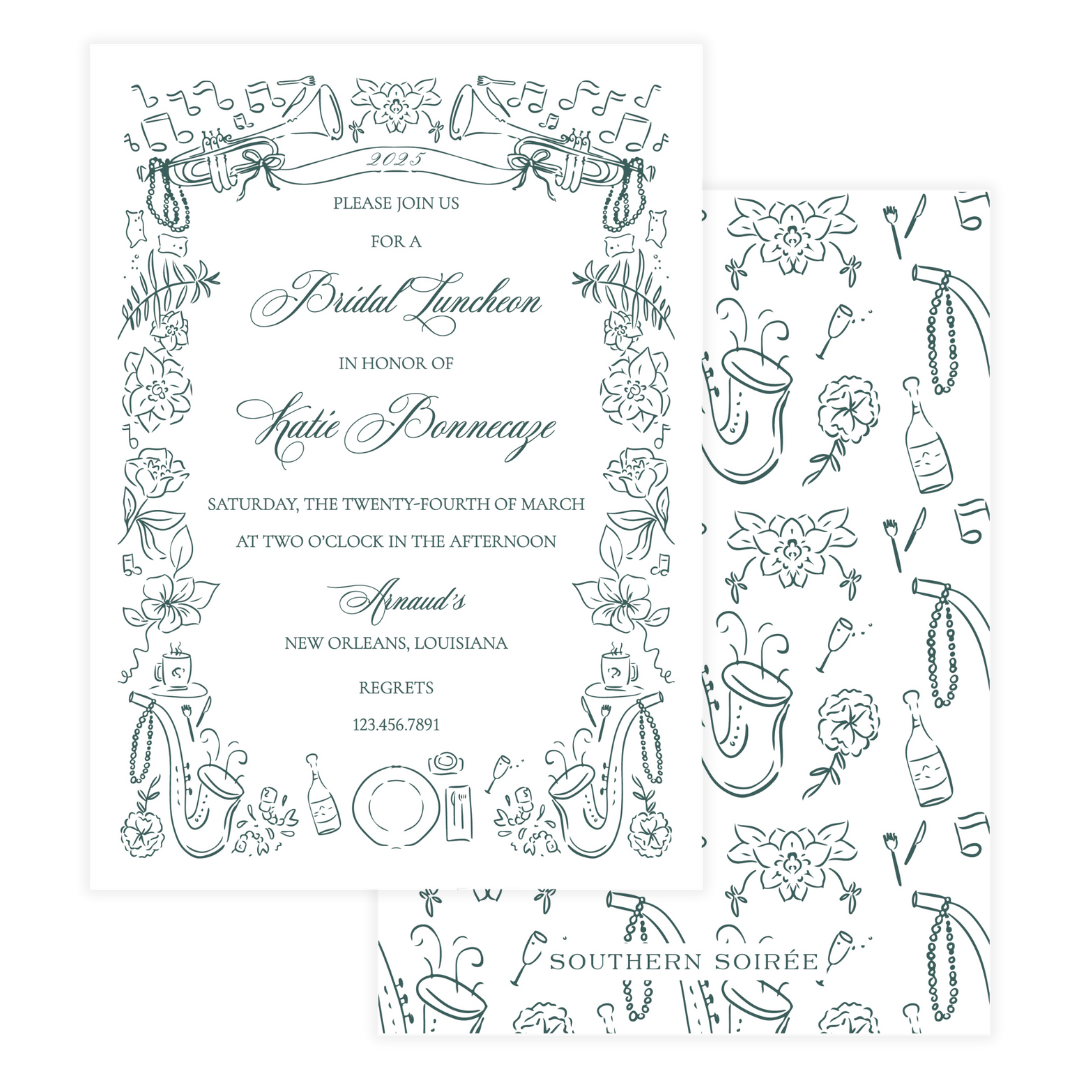 Personalized green New Orleans jazz brunch invitation