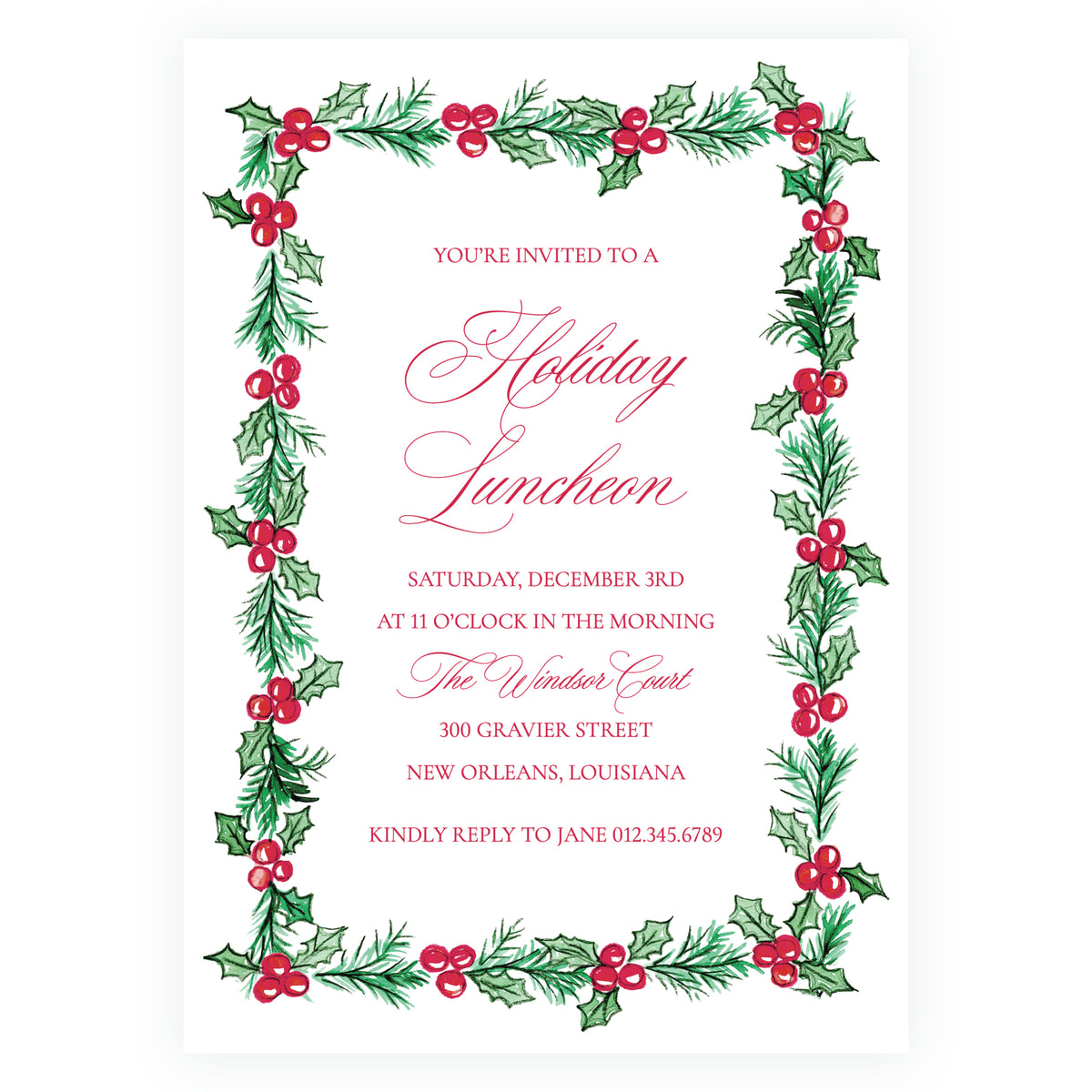 Plaid and Holly Christmas Holiday Luncheon Invitation – Holly Border