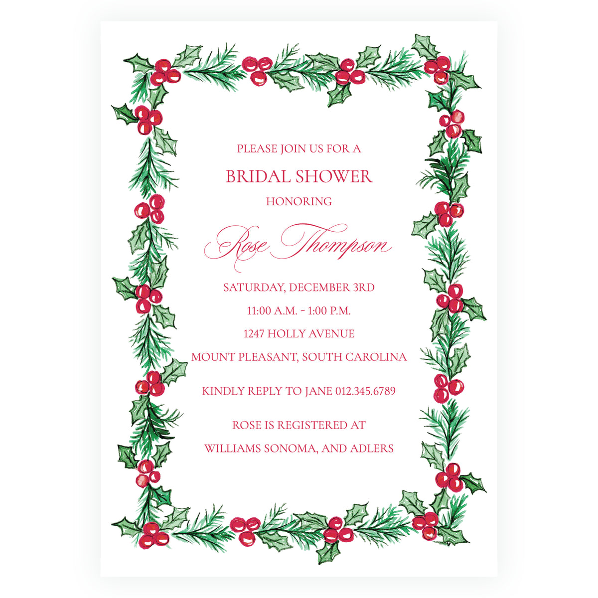 Plaid and Holly Christmas Bridal Shower Invitation – Holly Border