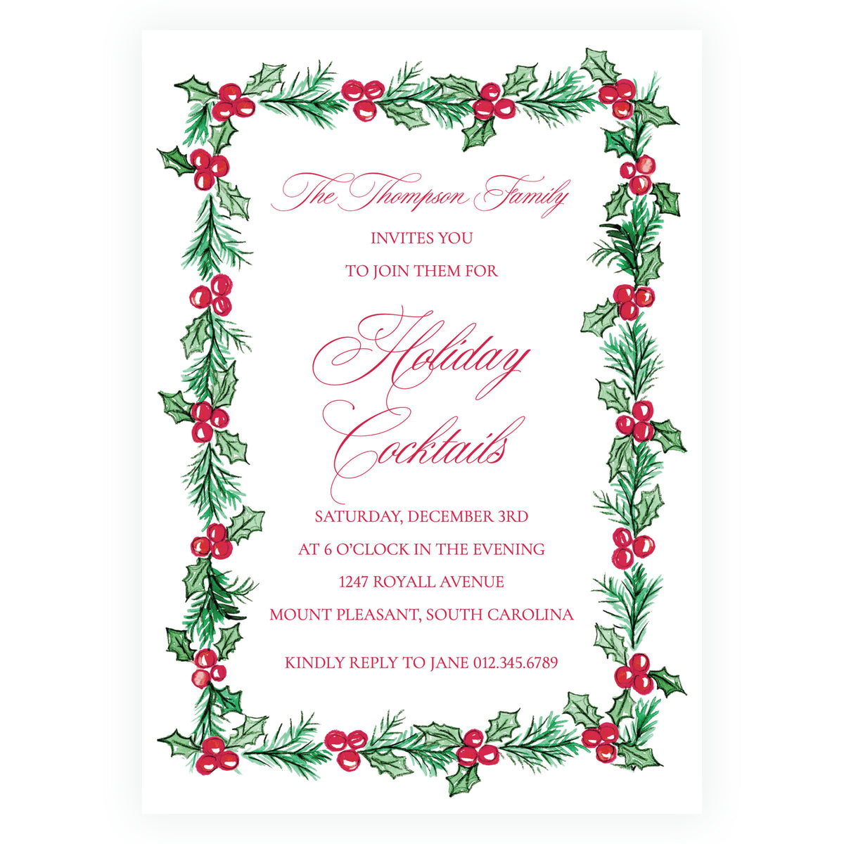 Plaid and Holly Christmas Cocktail Party Invitation – Holly Border