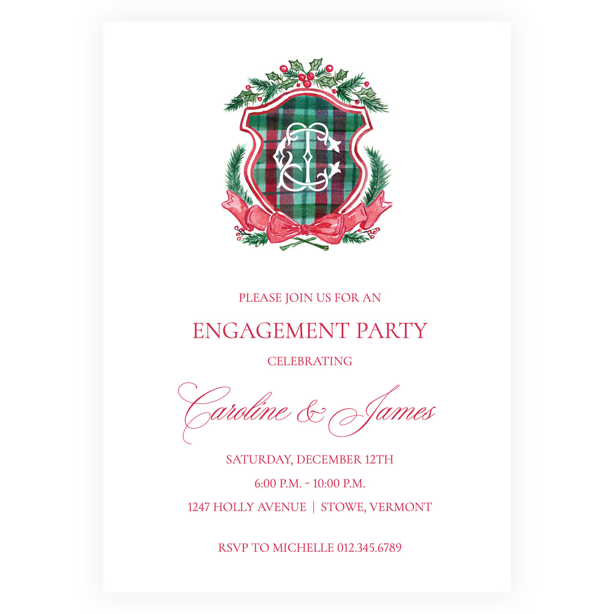 Plaid and Holly Personalized Christmas Engagement Party Invitation – Plaid Crest