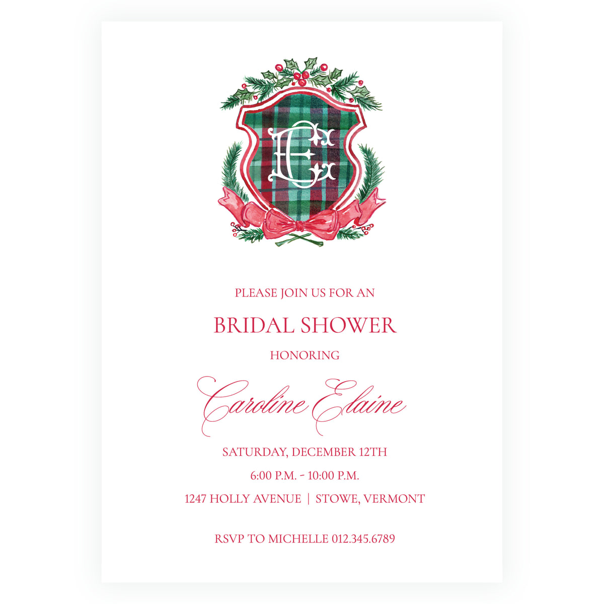 Plaid and Holly Personalized Christmas Bridal Shower Invitation – Plaid Crest