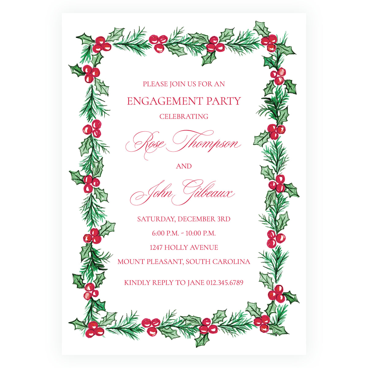 Plaid and Holly Christmas Engagement Party Invitation – Holly Border